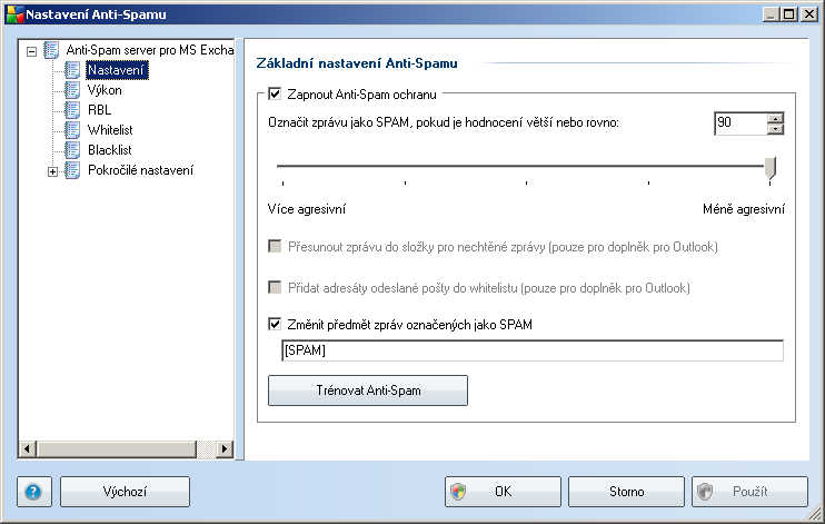 Nastavení - otevře nastavení komponenty Anti-Spam. Zpět - vrátí vás do výchozího uživatelského rozhraní AVG (přehled serverových komponent). 7.3.