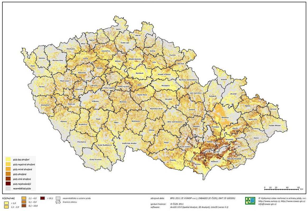 Vodníeroze v EU Pokles OH v půdách EU Eroze v ČR Potencionální ohroženost půd ČR vodní erozí (zdroj: VÚMOP, v.