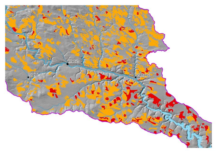 Metody identifikace a kvantifikace plošného zemědělského znečištění Analýza rizik vodní eroze - dlouhodobý průměrný smyv (USLE), - transport plavenin, P a N do toků.