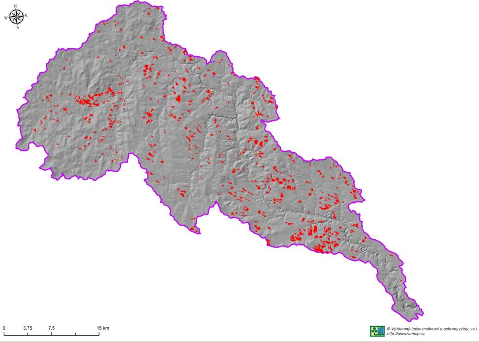 Mapa rizikových oblastí plošného zemědělského znečištění v povodí V kategorii nejvyšší riziko kontaminace povrchových vod z plošného zemědělského znečištění (zahrnující riziko erozního smyvu,