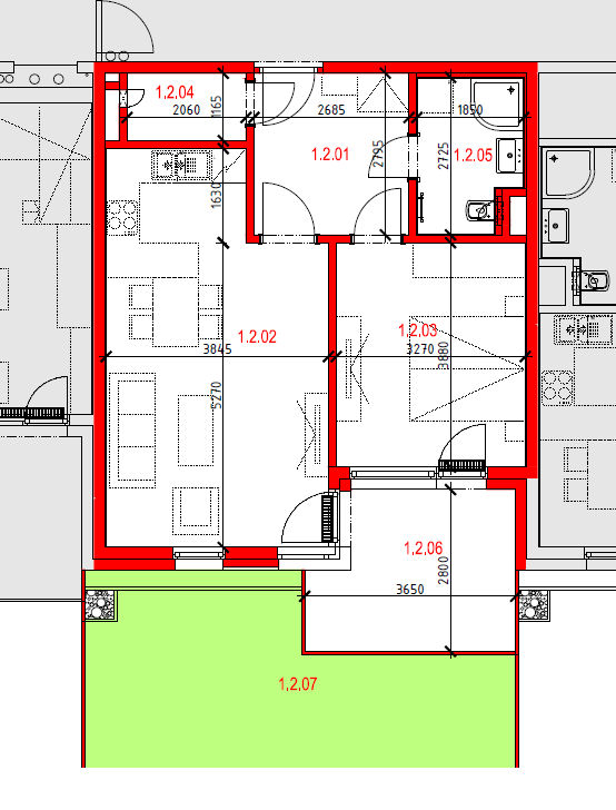 Byt 1.2-2+kk/T, 60,56 m2 + 30,89 m2 zahrada, 1.