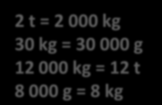 2 t = kg 30 kg = g 12 000 kg = t 8 000 g = kg 2 t = 2