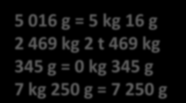 5 016 g = kg g 2 469 kg = t kg 345 g = kg g 7kg 250g = g 5 016 g =