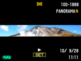 Prohlížení panoramatického snímku 1. Stiskněte tlačítko [p] (PLAY) a poté pomocí tlačítek [4] a [6] zobrazte panoramatické snímky, které si chcete prohlédnout. 2.
