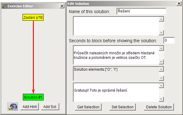KAPITOLA 3. CINDERELLA 25 Řešení přidáme kliknutím na tlačítko přidat řešení ( Add Sol. ) v editoru cvičení. Dvojklikem na Solution #1 pak otevřeme editor řešení ( Solution Editor ).
