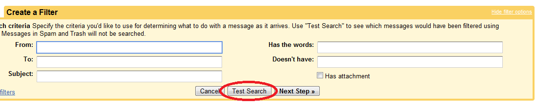Obrázek 19 - astavení parametrů filtru C 3. Kliknutím na Test search si můžete ověřit na již doručených e-mailech, zda jste filtr vyplnili správně. Poté přejděte na Next Step.