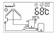 4.7 Systém 5 Popis: Solární čerpadlo P1 je spuštěno jakmile je překročen teplotní rozdíl mezi jednou ze sad kolektorů T1,T0 a zásobníkem 1 (T2), ovládací ventil R1 je vždy nastaven tak, že tok proudí