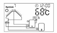 Popis: Když je překročen teplotní rozdíl mezi dvěma nádržemi T2,T5 a sadou kolektorů 1 (T1) nebo sadou kolektorů 2 (T0), solární oběhové čerpadlo P1 se zapne, spínací ventil R2 sepne příslušný