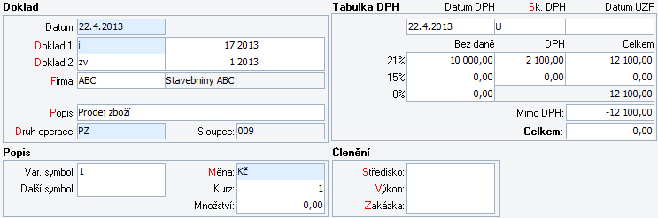 5. Doklad uzavřeme a přeneseme do ZaP. 6. S ohledem na dopad na základ daně z příjmů a DPH musíme do Peněžního deníku zaúčtovat interní doklad, který zároveň vyrovná daňový doklad zv v ZaP.