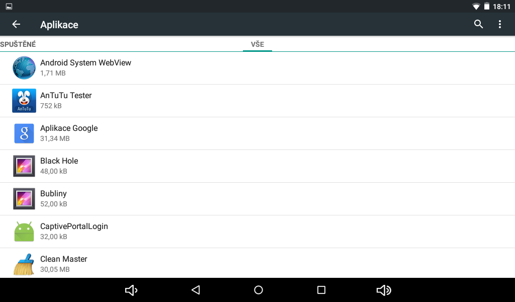 Vše seznam všech aplikací v Androidu Na každou aplikaci je možné kliknout, následně se zobrazí podrobné informace o vybrané aplikaci.