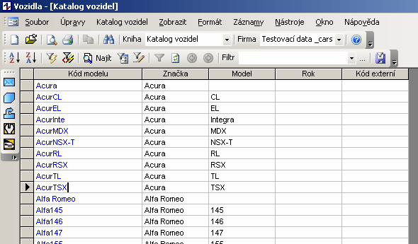 Agenda katalog vozidel V katalogu vozidel jsou zapsány Kódy modelu spolu se značkami a modely vozidel. Tyto se nám poté nabízejí při zakládání nových vozidel do seznamu pro značku a model.
