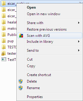 12.3. Testování v průzkumníku Windows AVG File Server 2011 nabízí kromě přednastavených testů spouštěných nad celým počítačem nebo jeho vybranými oblastmi i možnost rychlého otestování konkrétního
