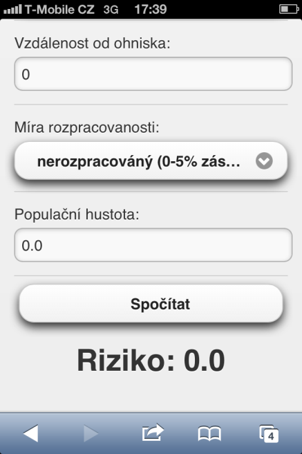 Při stisknutí tlačítka Spočítat pouze jeden porost v horním rohu obrazovky, je vyvolán základní mód aplikace umožňující výpočet rizika pro jednotlivé porostní