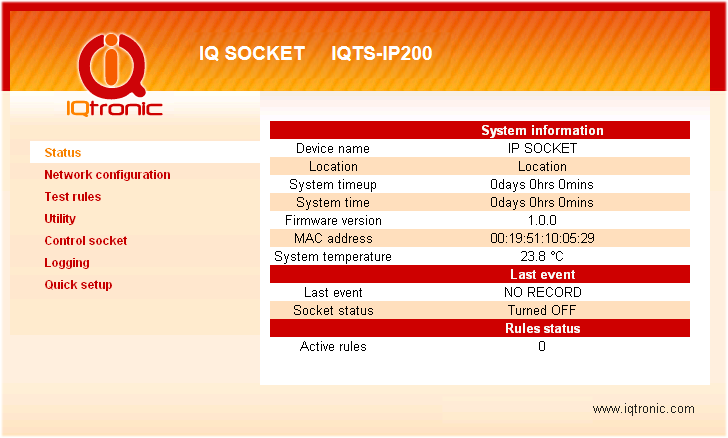 3. Informace o stavu zařízení Objeví se informační stránka IP SOCKETu. System information systémové informace zařízení. Device name - název zařízení pro snadné vyhledání v síti.