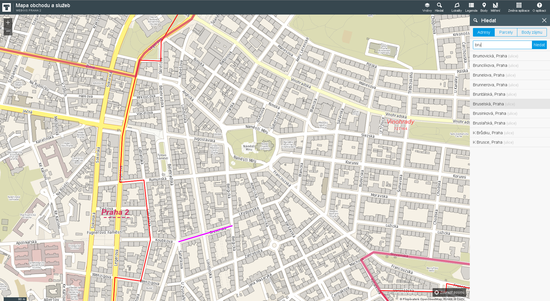 VYHLEDÁVÁNÍ vyhledávání ulic - mapa obchodu a služeb obsahuje funkcionalitu inteligentního vyhledávání adres,