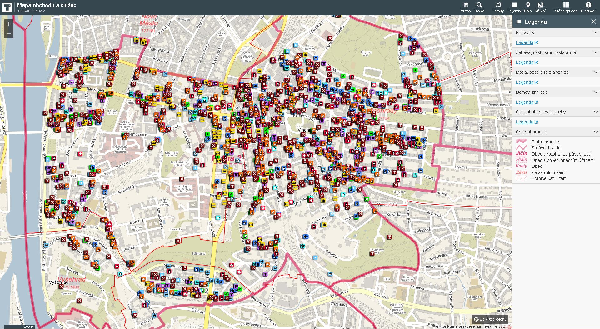 LEGENDA vrstva obchodu a služeb se zapnutým panelem legendy - uživatel nalezne v legendě podrobný seznam a rozdělení 41 kategorií provozoven v mapě