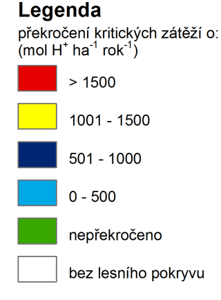 Obr. 1.12: Překročení kritické zátěže acidity (podle dat Ekotoxa, s.r.o, ČHMÚ, VÚLHM) Obr. 1.13: Překročení kritické zátěže nutričního dusíku (podle dat Ekotoxa, s.