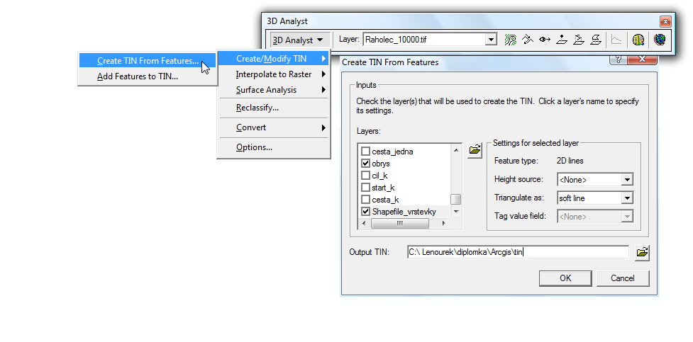 KAPITOLA 4. ANALÝZA NEJKRATŠíCH CEST Obr. 4.20: Atributová tabulka vrstvy vrstevnic Obr. 4.21: Tvorba TIN Convert, kterou obsahuje nástroj 3D Analyst (3D Analyst Convert TIN to Raster), viz Obr.