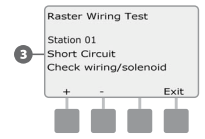 Test kabelů (Raster Wiring Test) Jednotka ESP-LXME je schopna provést rychlý test, který určí, zda je na některé sekci zkrat, či otevřený obvod na kabelech nebo cívkách.