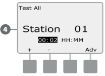 Test All Stations (Test všech ventilů) Touto funkcí můžete spustit jednu po druhé všechny sekce připojené na jednotku.