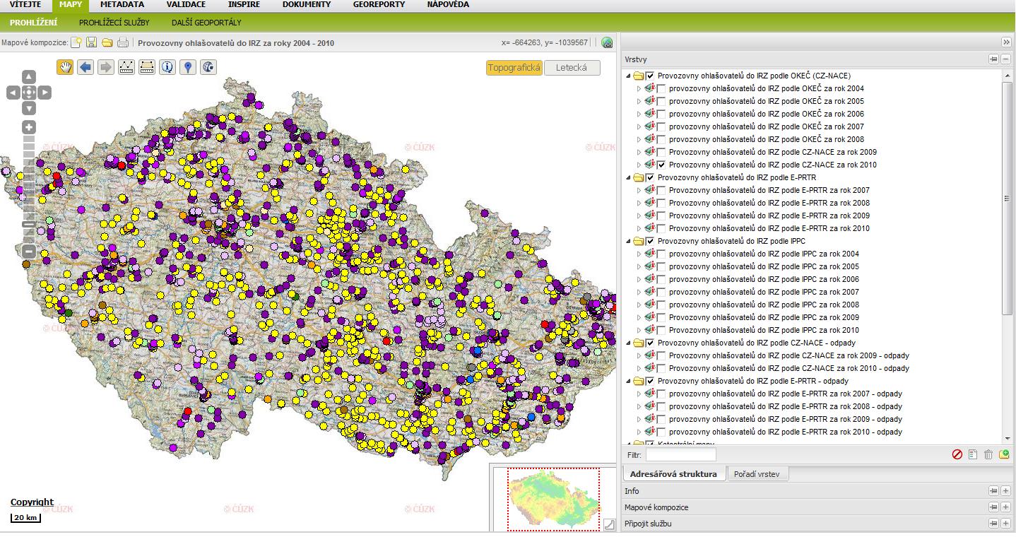 mapového okna pouze s vrstvou Provozovny ohlašovatelů do IRZ podle CZ-NACE za rok 2010 (obr.