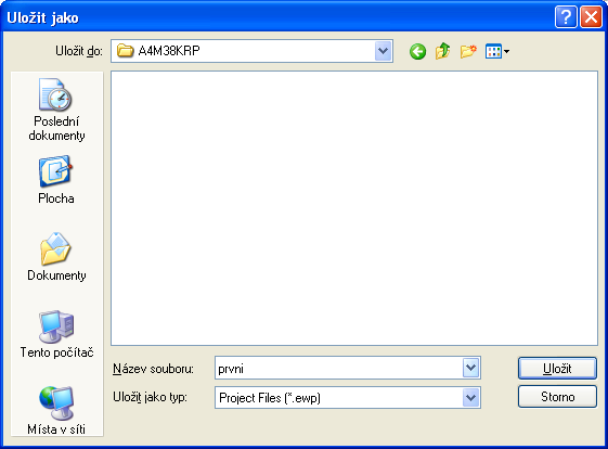 Uložte projekt do adresáře D:\USER_DATA\A4M38KRP\<login>\<projekt>\<nazev >.ewp, název zvolte dle libosti. Projekt je vytvořen, dále potřebujeme nastavit cílový procesor a parametry překladu programu.