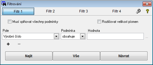 Vylepšené filtrování záznamů Pro každou obrazovku (Evidenční list, Kalibrace, Procedury, Karty přístrojů)