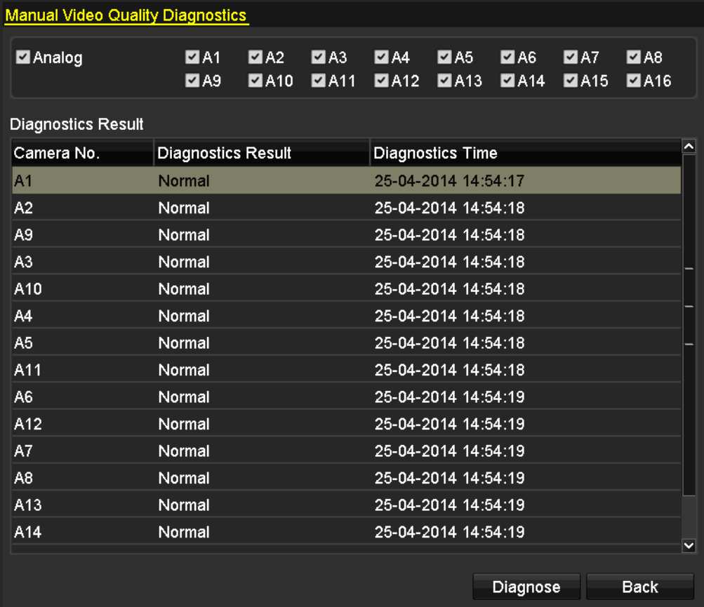 3.5 Manuální diagnostika kvality videa Účel: Kvalitu videa analogových kanálů lze diagnostikovat ručně a výsledky diagnostiky lze zobrazit ze seznamu. 1.