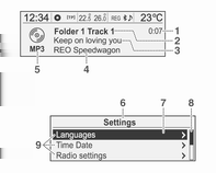 Úvod 99 Displej Výchozí obrazovka (1) Hodiny (2) Je vložen disk (3) Služba RDS (4) Vnitřní teplota vzduchu (řidič/ spolujezdec) (5) Připojený Bluetooth (6) Hudba Bluetooth (7) Teplota venkovního