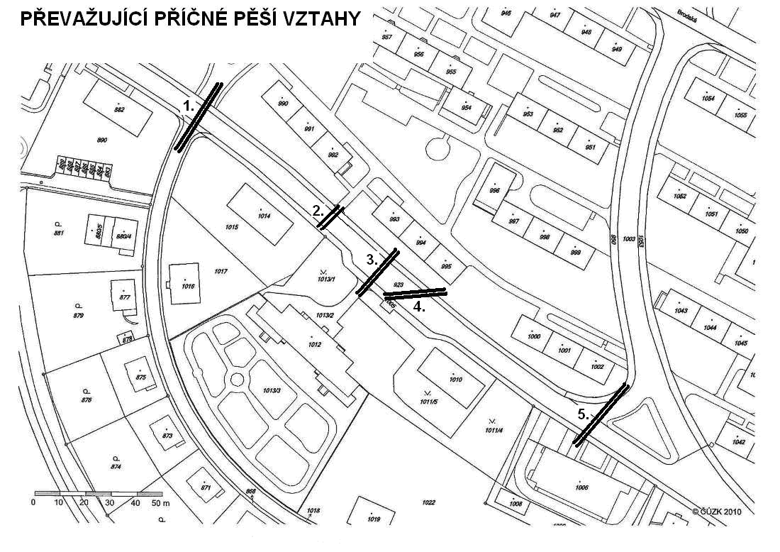 Tab. 3: Hlavní pěší příčné vztahy s intenzitou chodců: ráno odpoledne 2013 2015 2013 2015 1. ulice V Zahrádkách mezi bytovými domy 104-108 a 110 114 2.