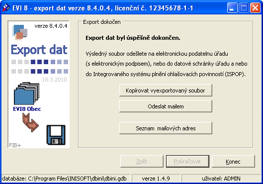 Po dokončení exportu se zobrazí okno s tlačítkem Odeslat mailem, pomocí kterého lze vytvořit novou poštovní zprávu.
