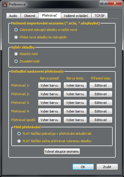 Nastavení přehrávačů: 1. V horním řádku programu vyberte rozbalovací nabídku Volby a potom Preference 2. Vyberte záložku Přehrávač V této nabídce nastavíte základní parametry jednotlivých přehrávačů.