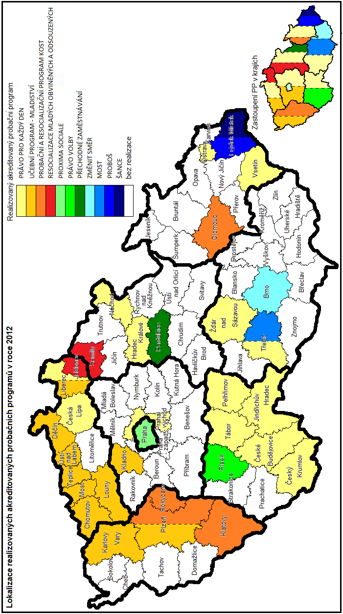 3. Územní pokrytí ČR probačními programy V roce 2012 bylo v ČR realizováno 11 akreditovaných probačních programů ve 33 soudních okresech.