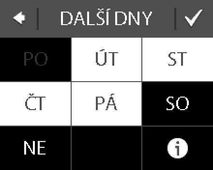 9. Stisknutím symbolu potvrďte nastavení období s komfortní teplotou. Nyní se objeví obrazovka, která vám umožní zkopírovat nastavená období s komfortní teplotou do dalších dnů týdne. 10.