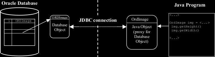 Práce s objekty Oracle Multimedia v Javě ORDSYS.ORDImage (DB) vs. oracle.ord.im.ordimage (Java) objekt: OrdImage je Java objekt. OrdImage je proxy pro databázový objekt.