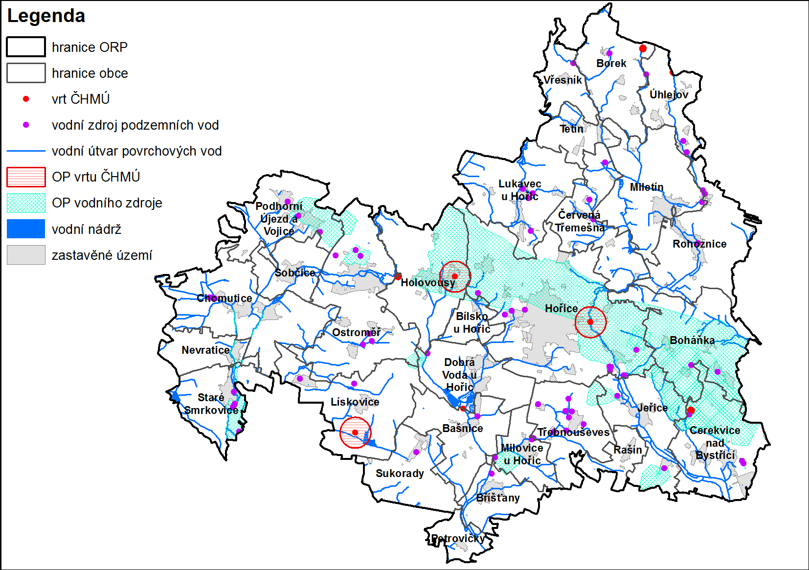 Obrázek č. 3.2.3: Podzemní zdroje vod, vrty a prameny ČHMÚ a ochranná pásma vodních zdrojů ve SO ORP Hořice Zdroj: Data ÚAP, 2014 V Tetíně a Vřesníku jsou stanovena ochranná pásma II.