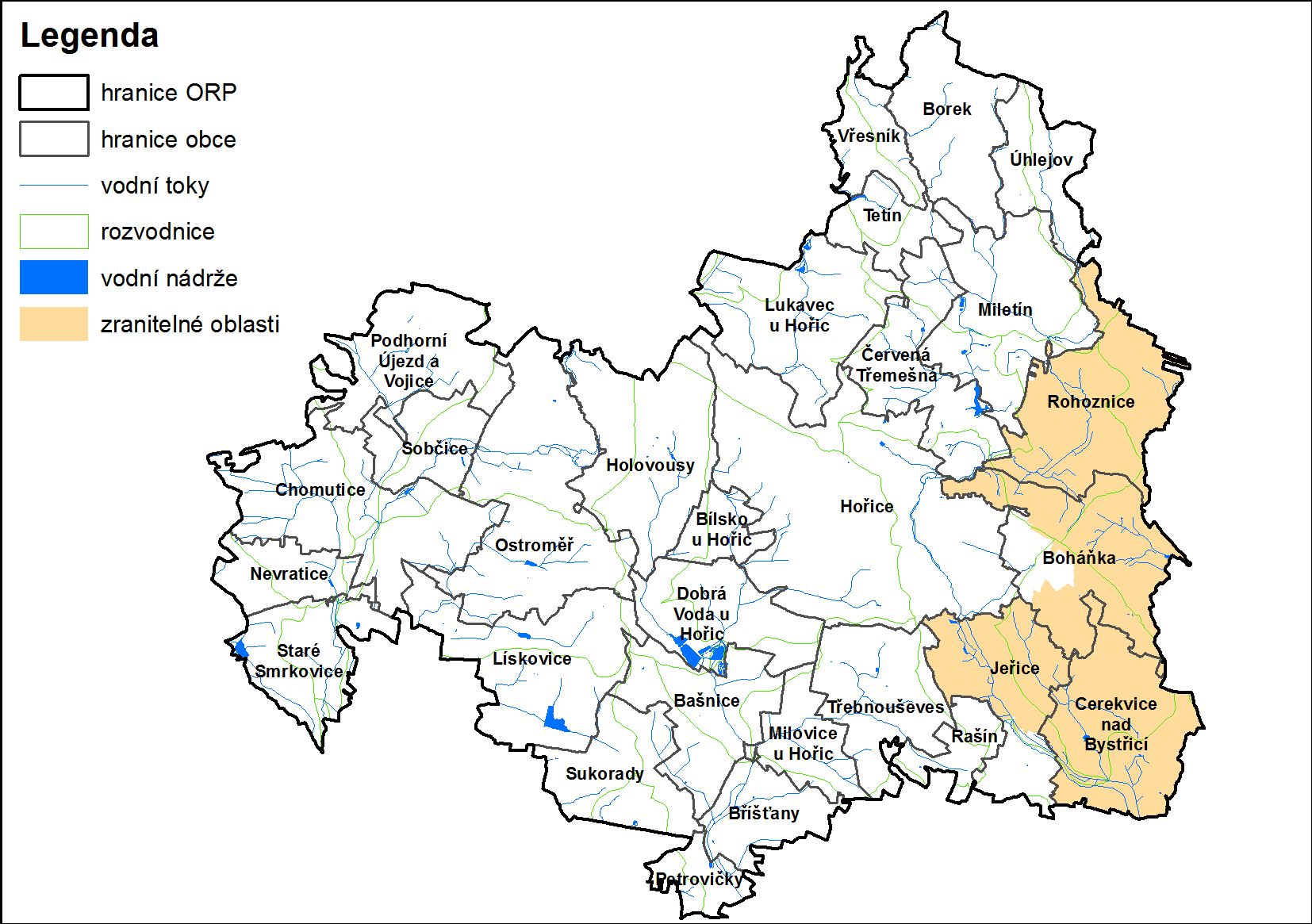 Rovněž dle dat HEIS VÚV T.G.M. (2012) se na území SO ORP Hořice nachází zranitelné oblasti (viz. následující obrázek).