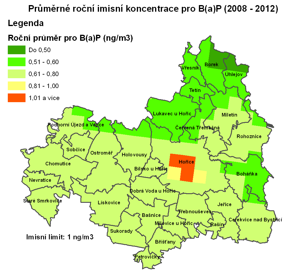 Obrázek č. 3.3.3: Průměrné roční imisní koncentrace benzo(a)pyrenu v období 2008-2012 Zdroj dat: ČHMÚ, 2014 Dle dotazníkového šetření z r.