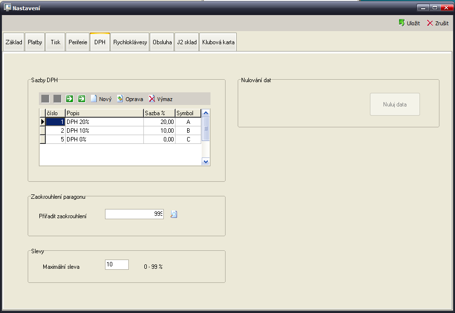 DPH. Nastavení sazby DPH v pokladně. Ovládacími tlačítky nad tabulkou lze přidat, opravit, vymazat sazbu DPH z pokladny.