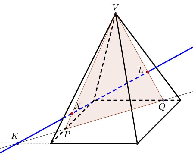 a) Přímkou KL proložíme rovinu kolmou k rovině podstavy přímka KL protíná řez tělesa roviny v bodech XK, které jsou
