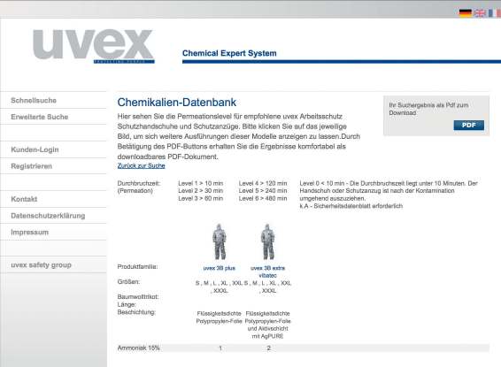 Online databáze chemikálií uvex Chemical Expert systém (CES) Vám nabízí rozsáhlou databázi chemikálií při výběru vhodných jednorázových ochranných oděvů pro práci s nebezpečnými látkami.