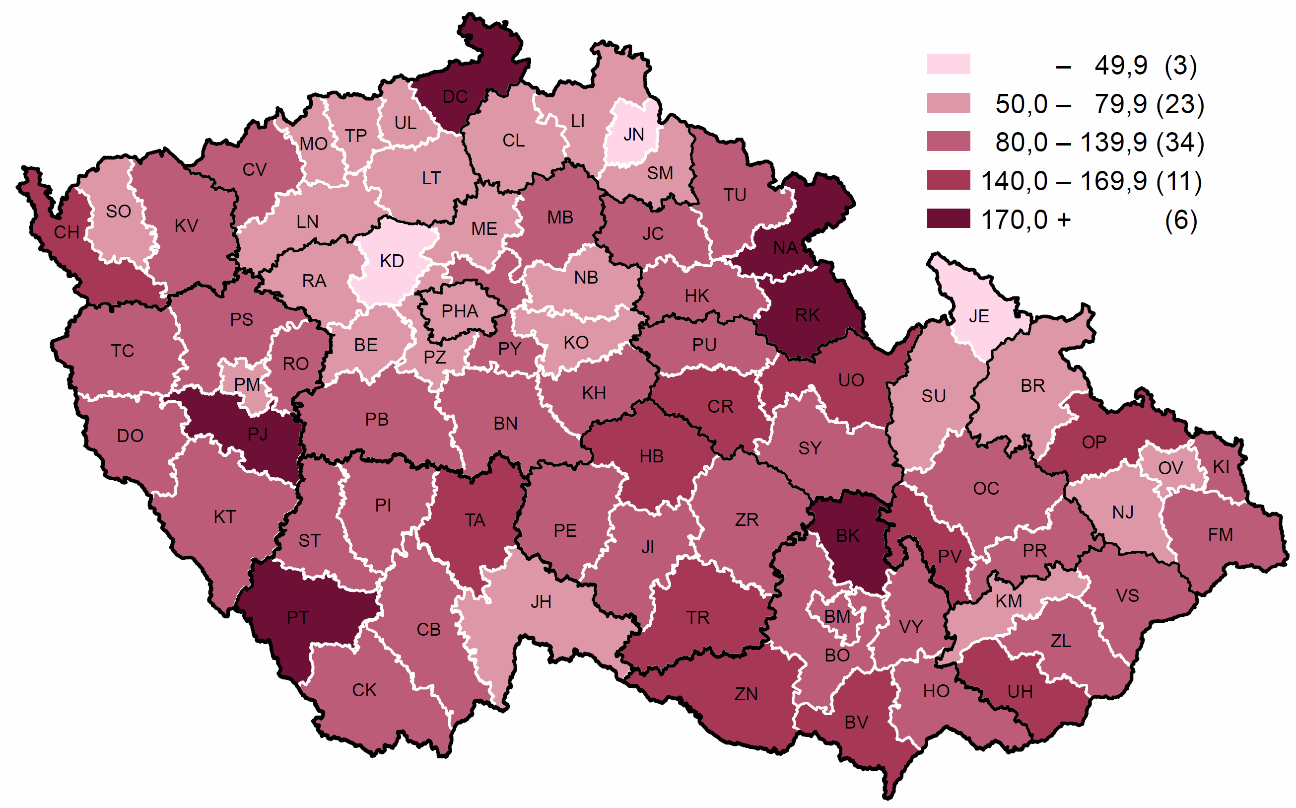 9. Výskyt salmonelózy (A02) v okresech ČR na 100 000 obyvatel 10.