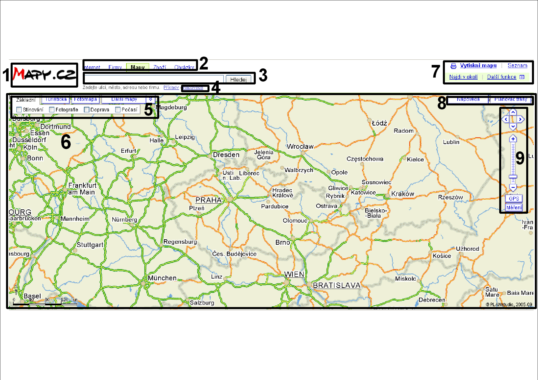 WEBOVÝ MAPOVÝ SERVER MAPY.CZ Obr. 21 Popis okna webového mapového serveru MAPY.CZ Zdroj původní stránky: http://mapy.cz/ 14.2 Hodnocení mapového serveru V úvodu hodnocení opět přikládám obr.