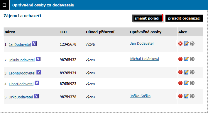 11.6. Ruční nastavení pořadí Pokud není v rámci zadávacího řízení nastaveno hodnocení nabídek pomocí E-ZAK, ve fázi hodnocení je pro nastavení pořadí uchazečů k dispozici tlačítko nastavit pořadí