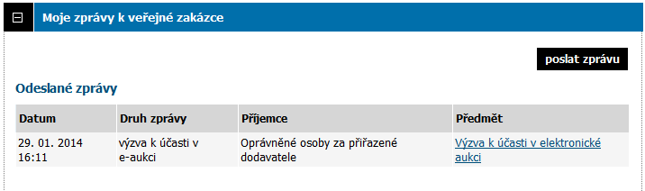 Obrázek 90: Přehled přijatých zpráv uživatele Jednotlivou zprávu lze zobrazit kliknutím na odkaz ve sloupci Předmět.