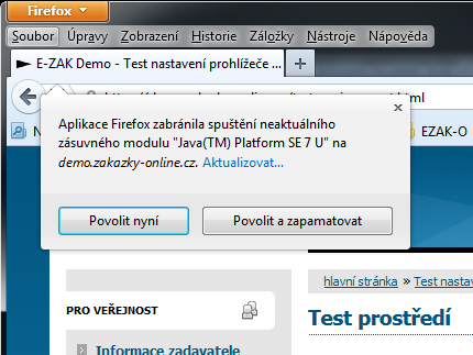 Pokud se při spuštění testu prostředí v levém horním rohu objeví červená kostka (viz Obrázek 4), prohlížeč signalizuje zablokování spuštění zásuvného modulu.