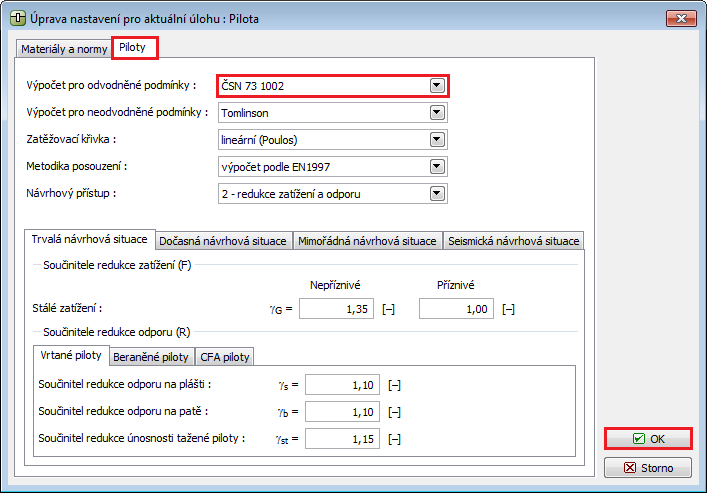 Výpočet svislé únosnosti osamělé piloty metoda výpočtu ČSN 73 1002 Nyní se vrátíme zpět do rámu v rámu Nastavení, kde v dialogovém okně Úprava nastavení pro aktuální úlohu změníme metodu výpočtu pro