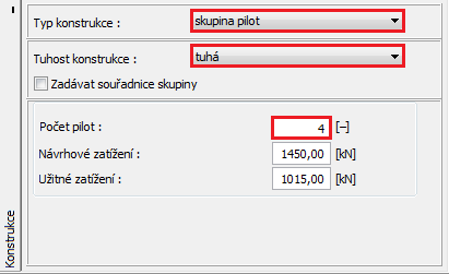 Postup zadání a výpočet: Skupina pilot Nyní provedeme posouzení skupiny pilot s tuhým roštem. V rámu Nastavení zvolíme možnost Redukovat součinitele, 3 4 (tuhá konstrukce).