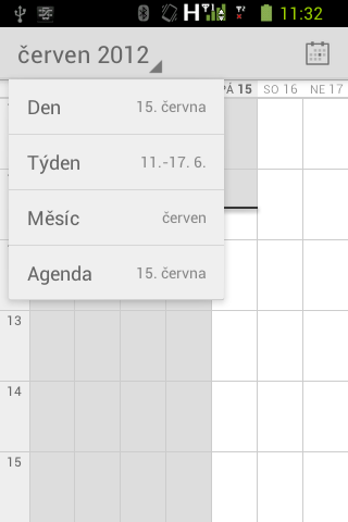 Měsíc, nebo Agenda pro změnu náhledu událostí. 4. Pro návrat ke dnešním událostem zvolte. 5. Přejděte na Menu > Nastavení pro zadání dalších možností.