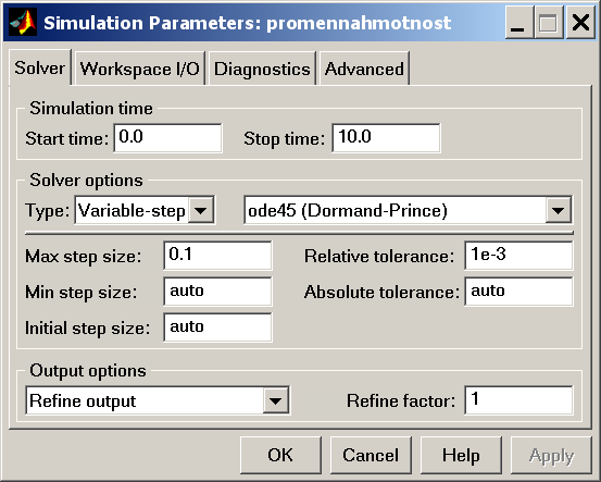 Obrázek 3: Nastavení parametrů simulace V tomto okně můžete nastavit, jestli simulace probíhá s proměnným časovým krokem, či s krokem pevným, a parametry časového kroku počáteční krok (tedy hodnotu,